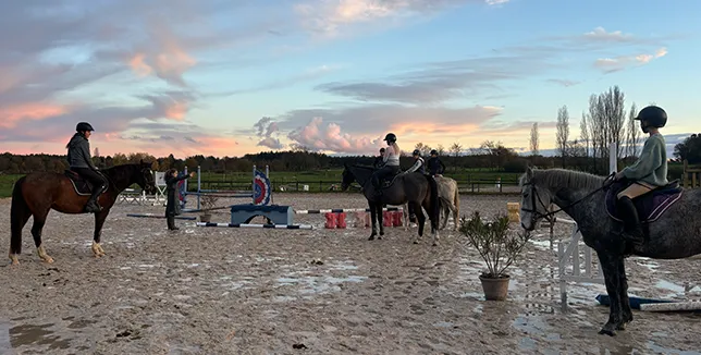 Leçon d'équitation dans la carrière de saut d'obstacles au coucher du soleil