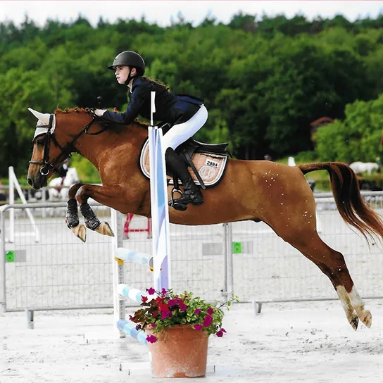 Maelya et Inlove des Ajoncs qui sautent un obstacle lors des championnats de France